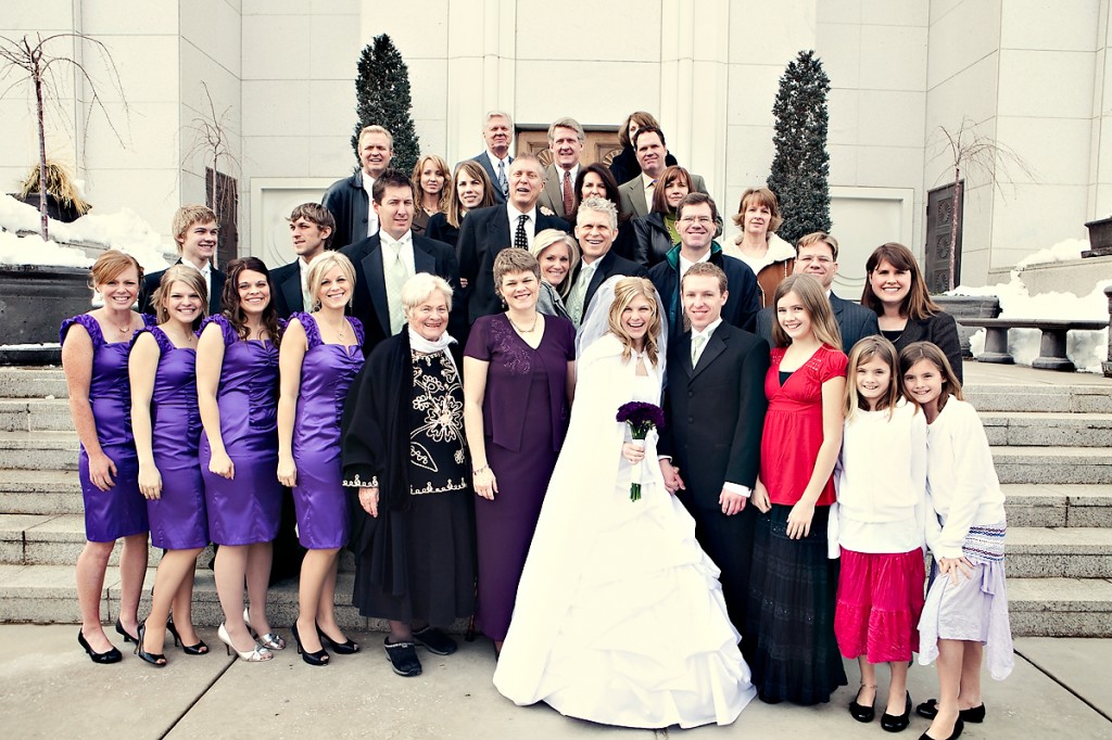  Mormon couple and guests at Bountiful Utah Temple wedding photo 