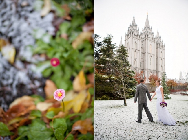 utah wedding on a snowy day at the salt lake temple in utah