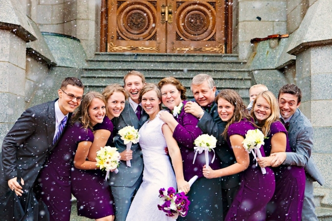 utah wedding on a snowy day at the salt lake temple in utah