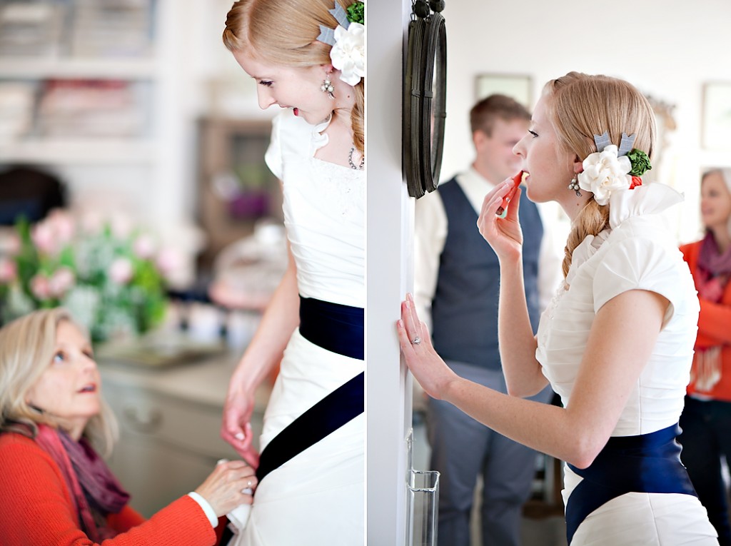 mom helping bride get ready for her wedding photos