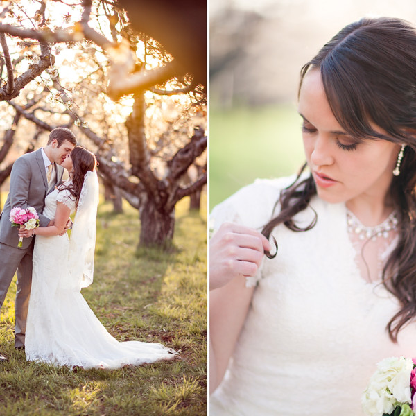 Utah Bride and Groom in Orchard with Blossoms