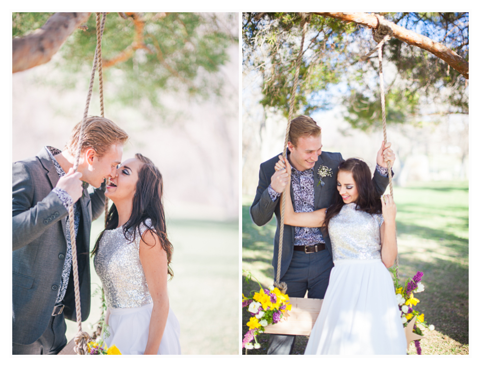 married couple pose with tree swing for wedding photos