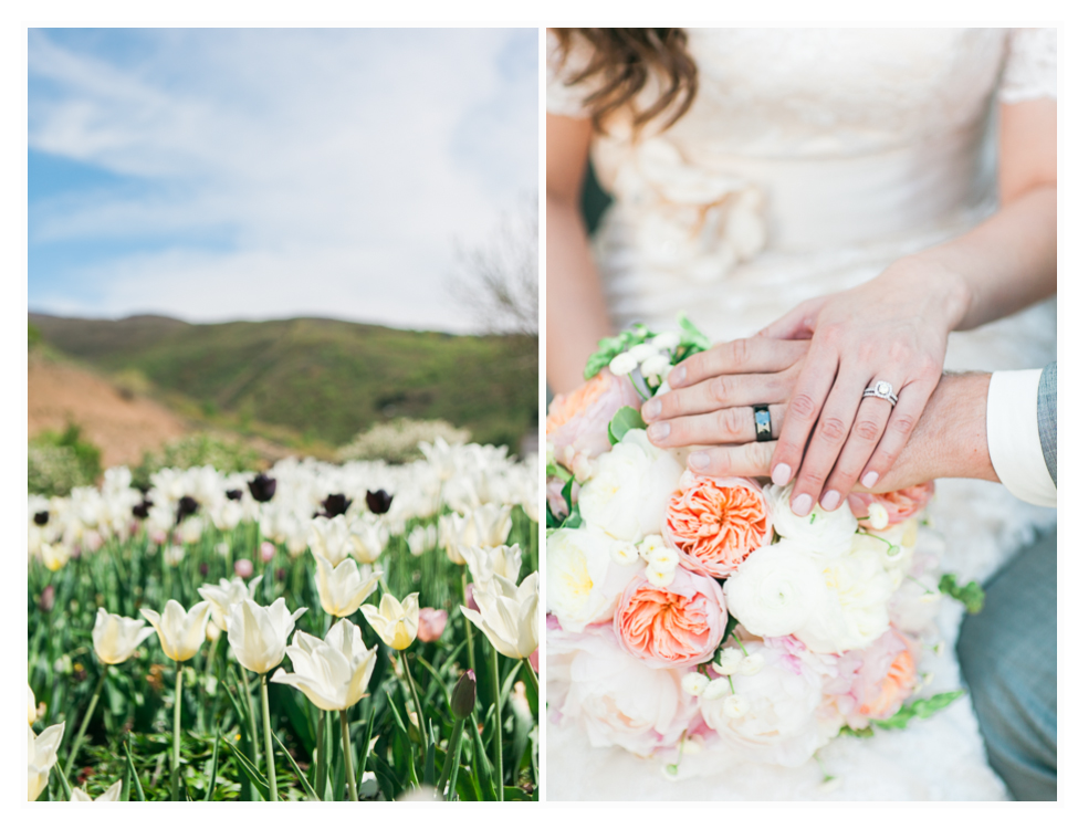 Bountiful Temple Utah wedding in the spring with the flowers and blossoms out at the temple LDS wedding