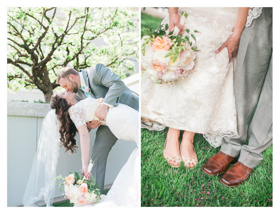 Bountiful Temple Utah wedding in the spring with the flowers and blossoms out at the temple LDS wedding