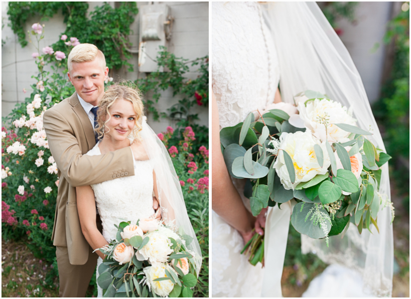 utah wedding photographer photographs bride and goom in rose garden